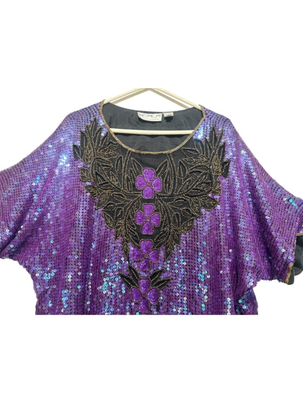 SCALA Silk Sequins Beaded Tunic Top 2X Purple Dolman Sleeves 90s Retro Evening - Picture 8 of 16